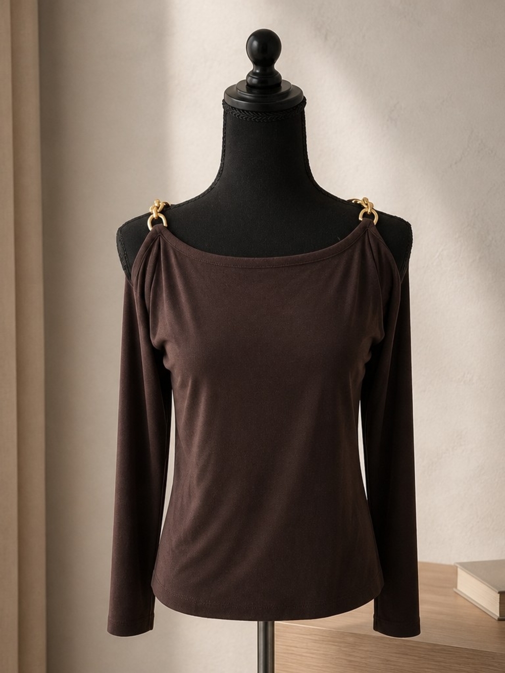 Michael Kors Chocolate Cold Shoulder Gold Chain Trim Blouse Top Size Medium NWT